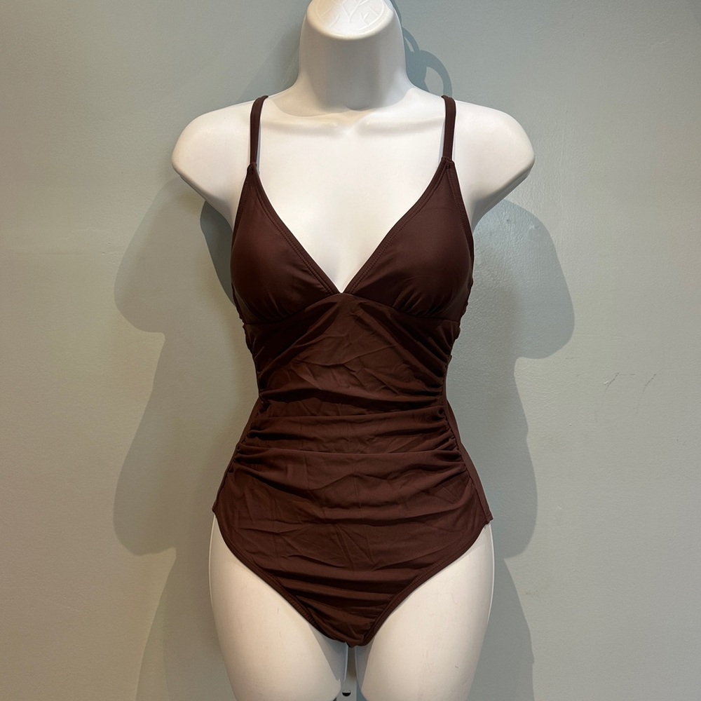 Cupshe Chocolate Brown V-Neck Ruched One-Piece Swimsuit